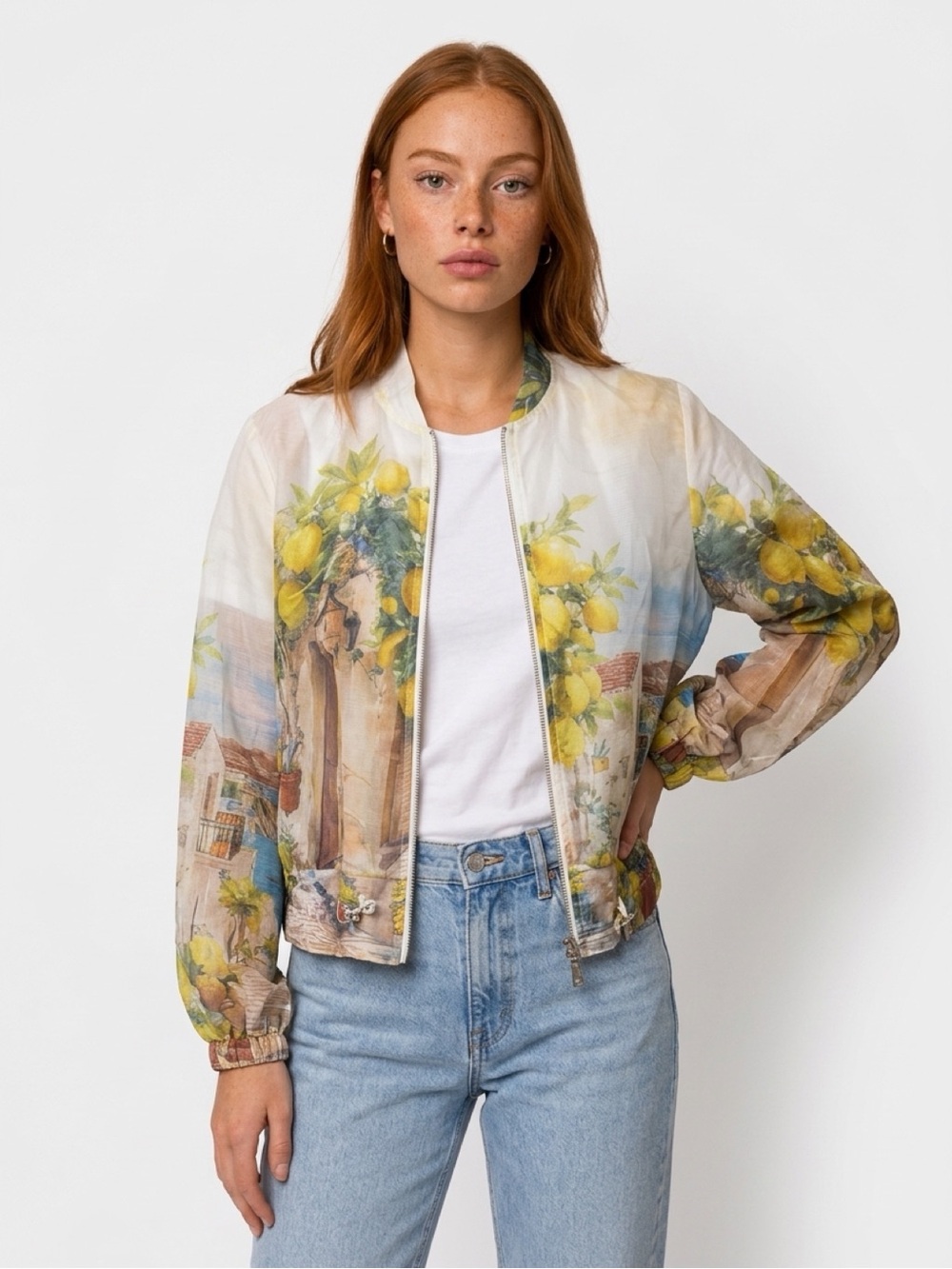 Scenic Lemon Print Bomber Jacket - White/Yellow from Italy
